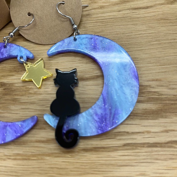Black Cat Moon Star Purple Earrings Eras Tour Midnights Swiftie Gift w/ Box NEW - Picture 4 of 7